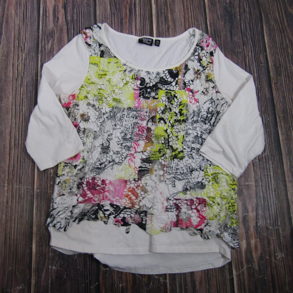 Onque Casual Womens XL Multicolor Floral Tunic‎ 3/4 Sleeve T Shirt Granny Core